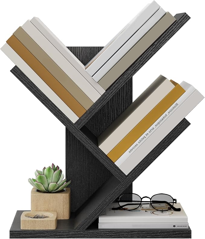 Tajsoon Tree Bookshelf 3 Tier Book Shelves Storage Organizer, Desktop Bookshelf Floor Standing Bookcase Display for CDs/Magazine/Books, Small Bookshelf for Bedroom, Living Room&Office, Black
