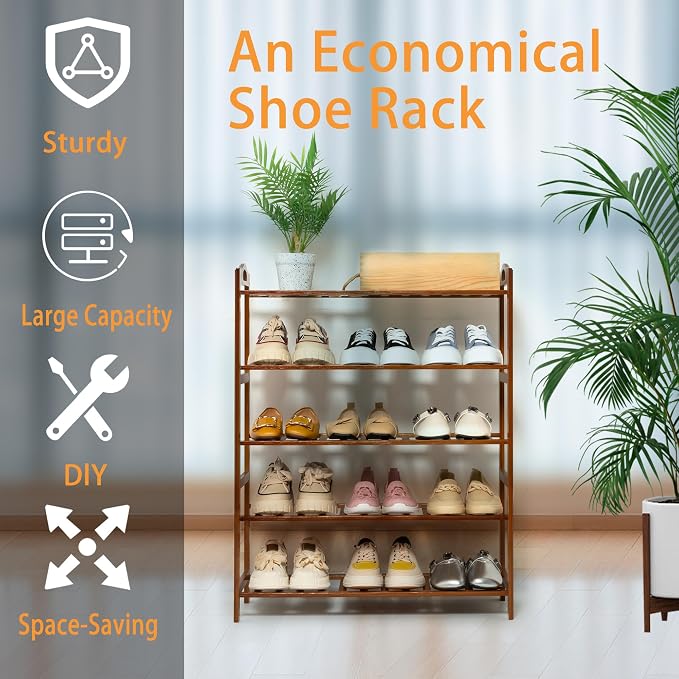 5 Tier Bamboo Shoe Rack, Free Standing Shoes Rack Shoe Shelf Shoe Organizer for Closet, Entryway, Bedroom, Living Room, Front Door, Studio, Bathroom