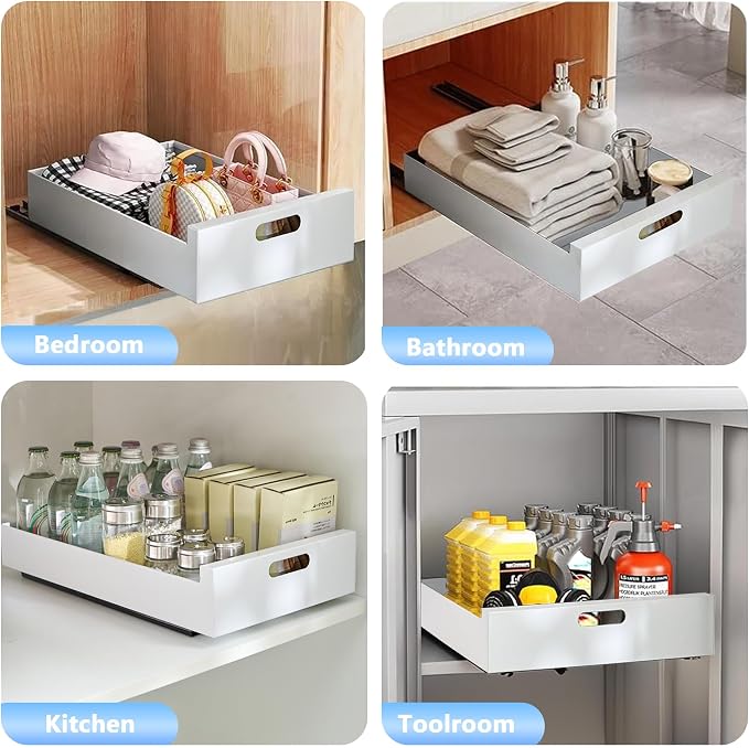bealy 21'' Deep Pull Out Cabinet Organizer Adhesive, 10'' Wide Roll Out Cabinet Drawers for Face Frame or Frameless Cabinets, Sturdy Carbon Steel Kitchen Organizer Shelf for Pantry, Kitchen, Bathroom