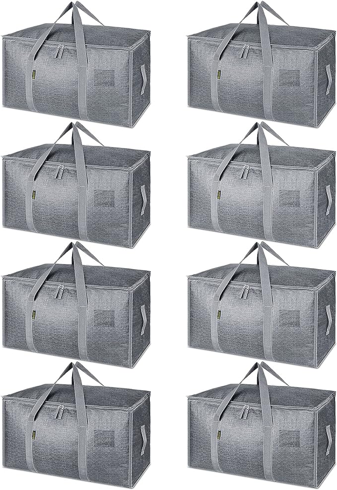 BALEINE 8-Pack Oversized Moving Bags with Reinforced Handles, Heavy-Duty Storage Tote for Clothes, Moving Supplies (Winter Grey, 8-Pack)
