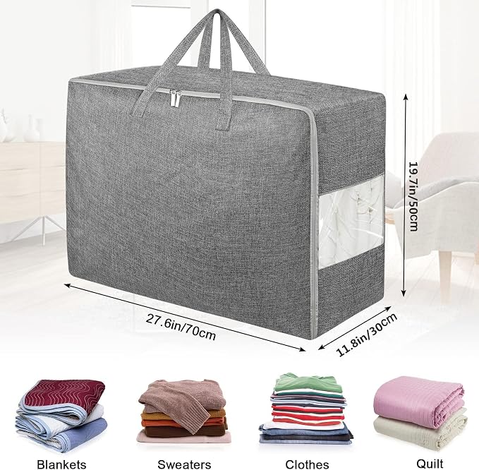 105L Extra Large Storage Bags, Folding Moving Comforter Blanket Storage Bags Closet Organizers and Storage Containers for Clothes with Strong Handles&Zippers Clear Window for Bedding Pillow Grey 4Pack