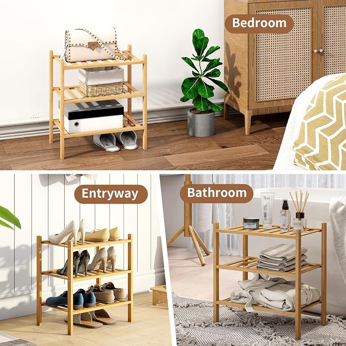 Bamboo Shoe Rack Stackable Shoe Shelf Storage Organizer for Unit Entryway Hallway and Closet Sturdy Freestanding Small Shoe Shelf(3S Tier Natural)