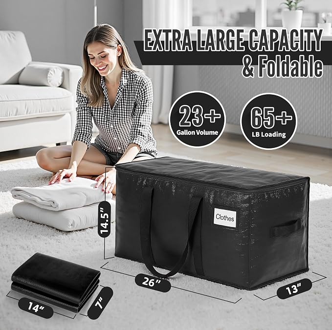 BAGAIL Heavy Duty Moving Bags with Strong Handle, Extra Large Moving Boxes, Storage Tote for Clothes, College Moving Supplies(Black, 4 Pack)
