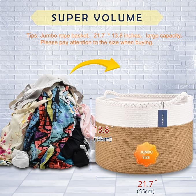 COMSE Extra Large Blanket Basket, Woven Laundry Basket, 21.7”x 13.8”, Nursery Hamper, Cotton Rope Laundry Hamper Living Room for Storage Toys Clothes Towels(White & Camel)