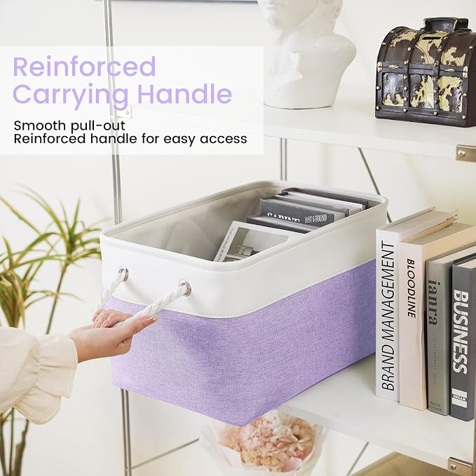 Large Storage Baskets- 15x11x10 inch Storage Bins for Shelves and Closet Organizing, Foldable Fabric Bin for Home Organization Clothes and Laundry (1-Pack, White&Purple)