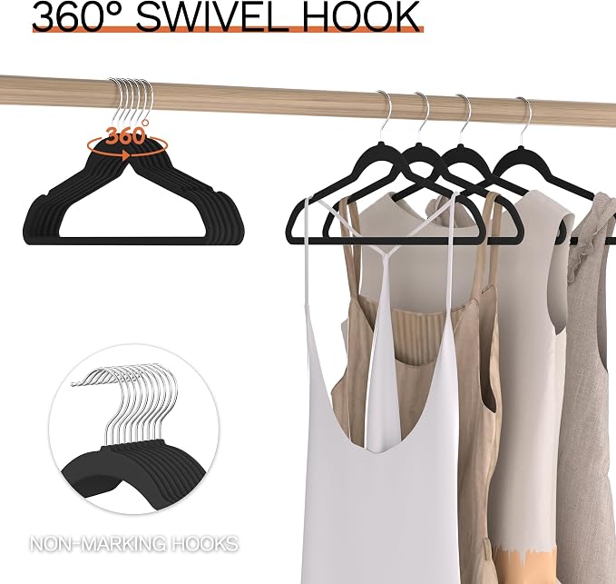 Black Velvet Hangers 60 Pack, Slim Space Saving Suit Hangers for Closet Organizer, Rotating Silver Hook, Non Slip Clothes Felt Hanger Heavy Duty for Coat,Shirt, Pants, Camisole, Dress