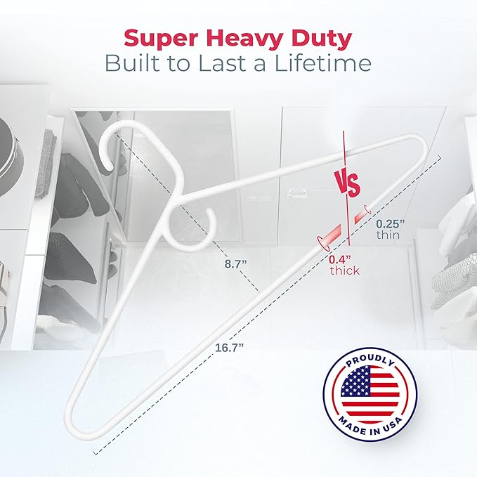 Super Heavy Duty Clothes Hangers 50+ Pack (72 Count) – Made in the USA - 10lb Capacity, Thick Plastic Hangers for Pants, Coats, Jackets, Jeans and Adult Clothing – White & Blue