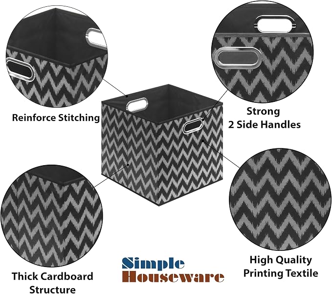 Simple Houseware 13-Inch Collapsible Fabric Cube Storage Bin with Handles, Printed Design, 3 Pack, Black