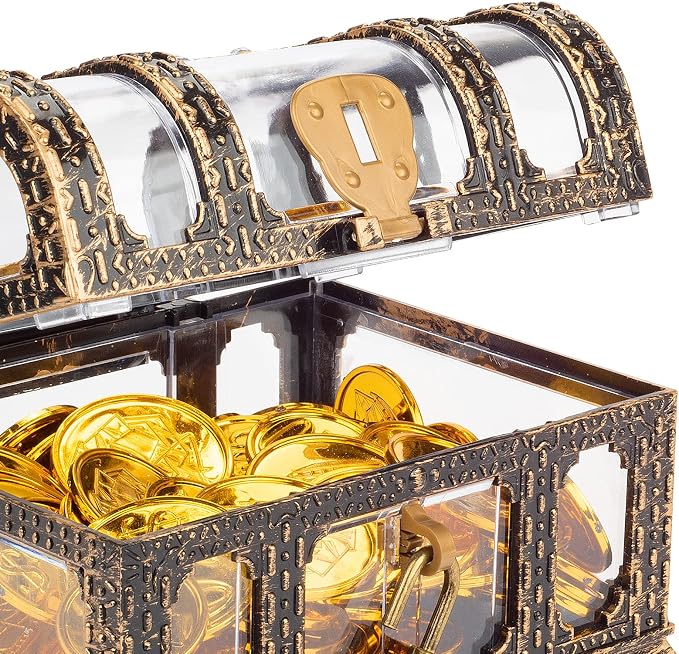 Plastic Transparent Antique Pirate Treasure Box with Lock and Key, Treasure Toy Box Prizes for Kids, Pirate Party Decor