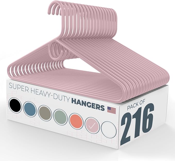Super Heavy Duty Clothes Hangers 100+ Pack (216 Count) – Made in the USA - 10lb Capacity, Thick Plastic Hangers for Pants, Coats, Jackets, Jeans and Adult Clothing – Pink