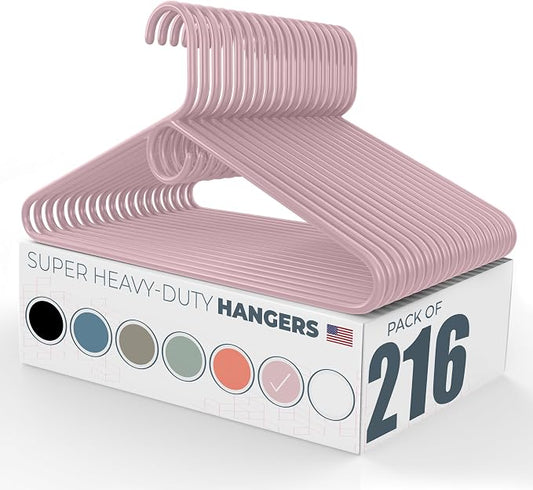 Super Heavy Duty Clothes Hangers 100+ Pack (216 Count) – Made in the USA - 10lb Capacity, Thick Plastic Hangers for Pants, Coats, Jackets, Jeans and Adult Clothing – Pink