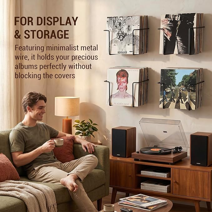 MyGift Modern Metal Wire Record Display Shelf, Vinyl Records Wall Mount Storage Racks, Hanging LP Record Holders, Floating Album Cover Display Shelves, Set of 2 (Black- 4 Pcs)