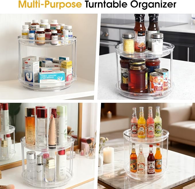 2 Tier Medicine Cabinet Organizer, Rotary Turntable Organizer for Medicine and Vitamin Bottles, Under Sink Organizer for Medicine, Bathroom Cabinet Storage, Easy Assembly, Transparent Clear