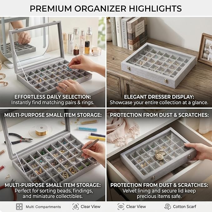 Stratalife 40 Grid Earring Organizer: Jewelry Holder Organizer Box with Clear Glass Lid, Velvet Jewelry Storage for Studs, Earrings, Rings, Necklace with Removable Dividers for Dresser, Grey