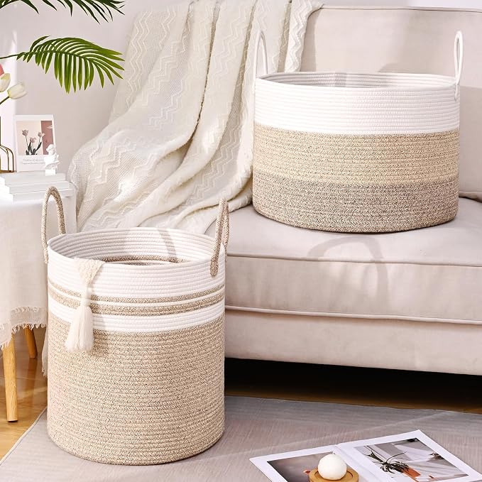 67L Large Woven Blanket Basket, Cotton Rope Baby Laundry Hamper with Handles, Kids Toy Basket for Classroom & Nursery, Soft Round Stuffed Animal Storage, Dog Toy Bin - 20"x13", Jute
