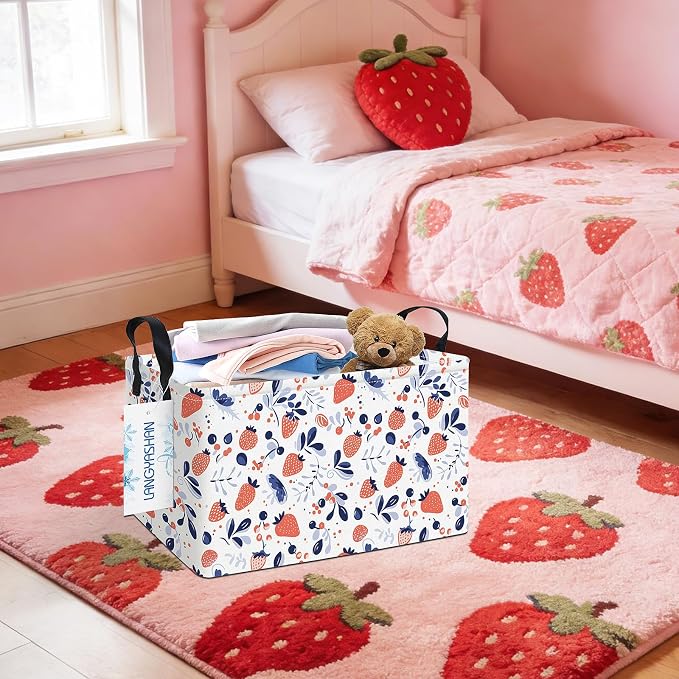Rectangular Collapsible Strawberry Storage Basket Nursery Toy Organizer | Storage Bin Foldable Canvas with Handles for Organizing Home Kitchen Children Toys Office Closet Shelf Baskets