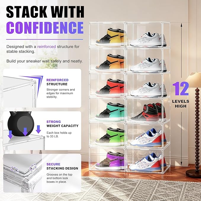 Large Clear Acrylic Sneaker Boxes Fits Size 13, Wide Magnetic Door, 12 Pack | Exterior 14.1 x 10.6 x 8.9 in; wide magnetic door for sneakers, high tops, men’s shoes and display storage
