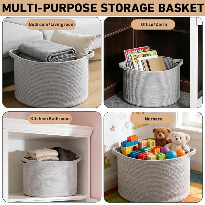 65L Large Blanket Basket,Woven Rope Laundry Basket Hamper with Handles,Decorative Nursery Basket Storage Bin for Toys, Pillows , Clothes Organizer, Living Room, Bedroom, Bathroom, Light Gry