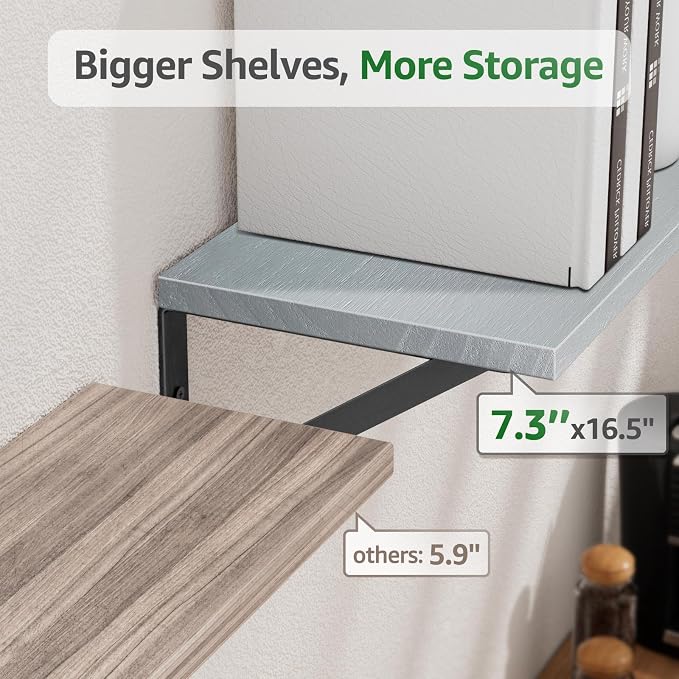 COCOYA Wall Shelves 7.3" Deep Solid Paulownia Wood (Grey, Set of 2) | 15mm Thick, Wider & Longer & Stronger, Easy to Install, Floating Shelf for Room Wall, Bedroom, Office, Decor & Storage