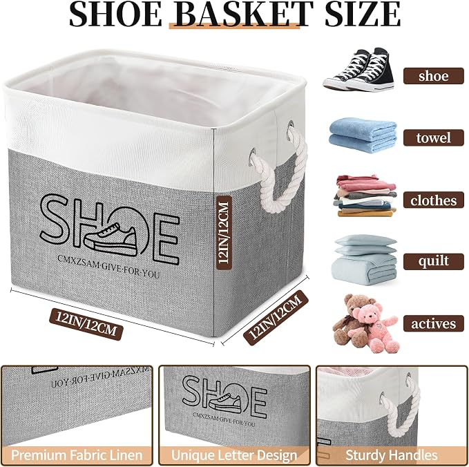 Shoe Basket Organizer, Large Capacity Fabric Entryway Shoe Storage Bin with Handle, Flodable Space-Saving Shoe Basket for Entryway, Hallway, Entryway and Mudroom