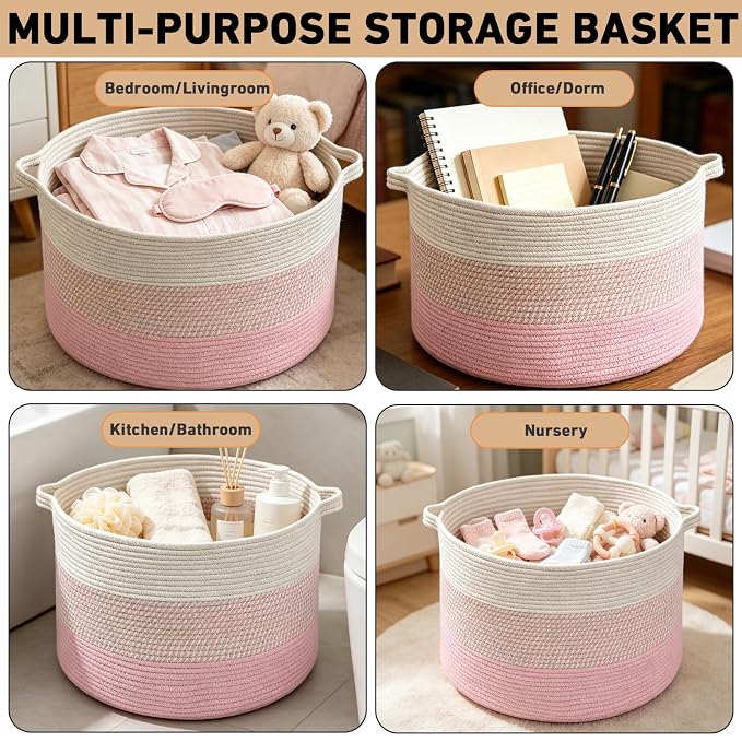 65L Large Blanket Basket,Woven Rope Laundry Basket Hamper with Handles,Decorative Nursery Basket Storage Bin for Toys, Pillows, Clothes Organizer, Living Room, Bedroom, Bathroom, Pink