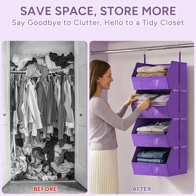 4-Tier Hanging Closet Organizer, Detachable Hanging Storage Shelves with Reinforced Side Panels, Hanging Closet Organizer for Clothes, Sweaters, Towels, Socks & Accessories, Purple