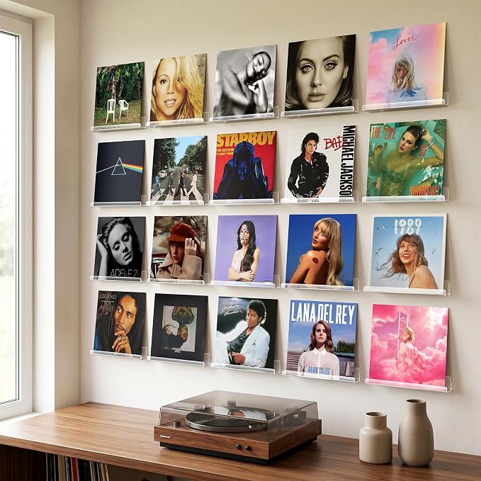 Gotega 20 Pack Vinyl Record Shelf Wall Mount, 12 inch Album Record Holder Display, Clear Acrylic Floating Shelves for Wall, Suitable for Bedroom, Living Room, Magazine Shelf, Kids Bookshelf, etc