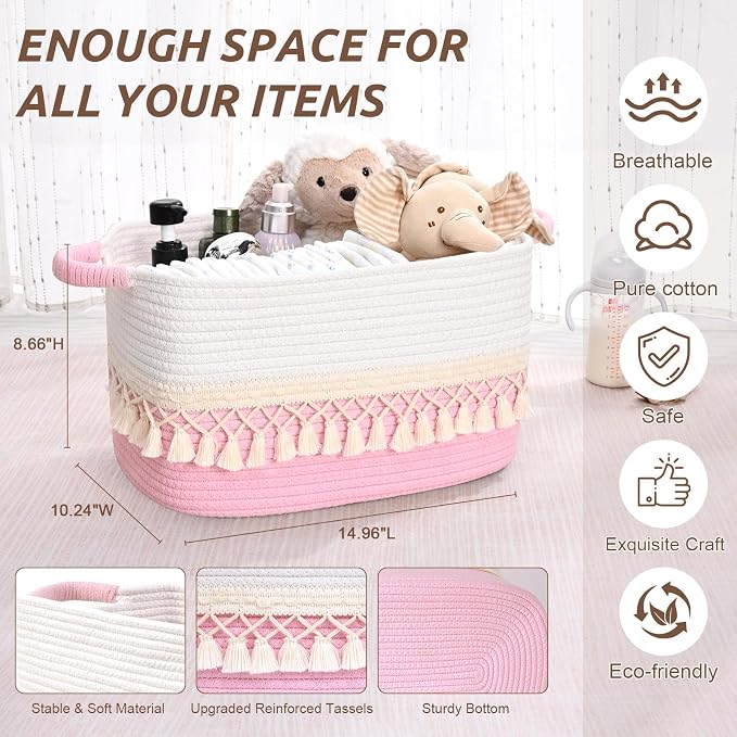 2 Pack Storage Basket for Shelves, Boho Cotton Rope Storage Bins with Heavy Tassel, Shelf Baskets Large Woven Baskets for Organizing, Cube Organizer Bins, Baby Laundry Basket for Clothes, Toys, Pets
