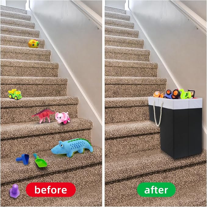 Stair Basket for Stairs with Handle, Staircase Baskets for Carpeted and Wooden Stairs,16" Step Storage Basket for Toys, Clothes, Books, Tools, with Hard Board, Anti-slip (2, Black)