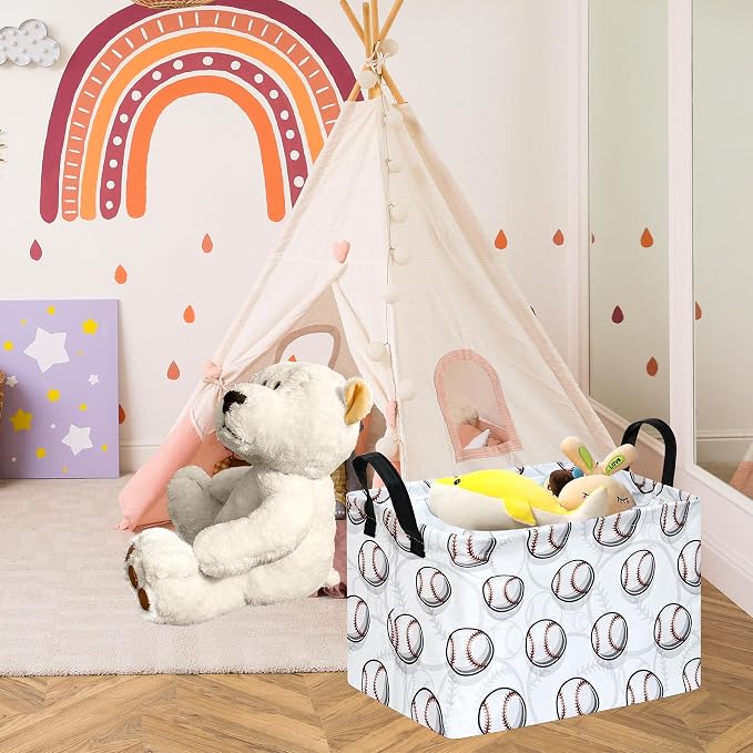 Kids Storage Basket Empty,Baseball Waterproof Storage Bins Organizer, Foldable Closet Shelf Baskets with handles for Women,Nursery Hamper Toys Box,Room Decorations