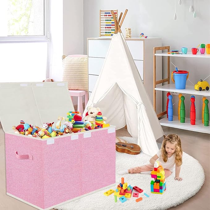 Large Collapsible Toy Storage Box with Lid & Handles - Kids Organizer Chest for Toys, Clothes, Blankets (Pink, Nursery, Playroom, Bedroom)-24.5''×13''×16''