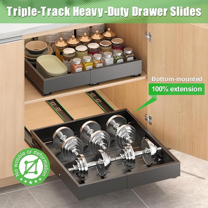 1 Pcs Pull Out Drawers for Cabinets Organizer Expandable Width(11.8"-19.4"), Depth(16.45"-21.7") With 3 Rails, No Drill Roll Out Drawer, Adhesive Sliding Drawers (Black)