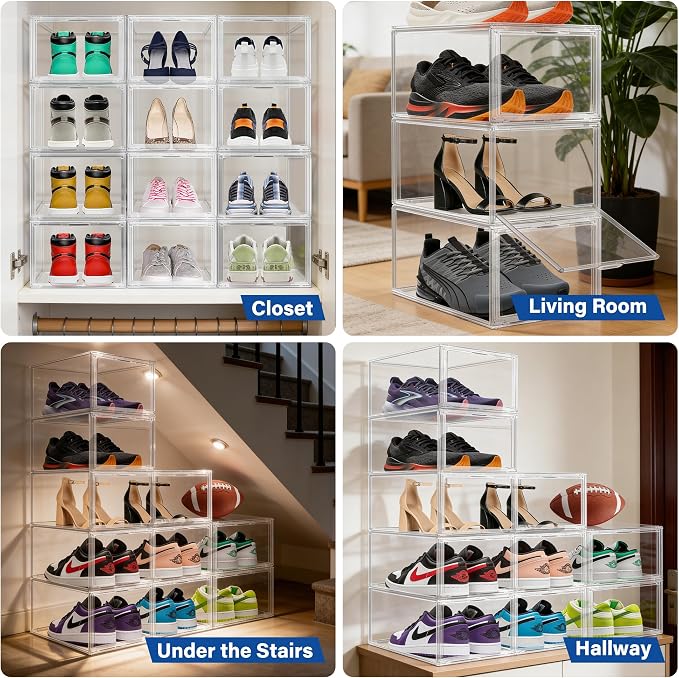 1 Pack Drop Front Shoe Boxes Acrylic Box Sneaker Case Size 12, Transparent Display Cases for Sneaker Collections, Baseball Caps, Hat Organizer Dust-free Shoe Cubbies Stackable Sneaker Boxes