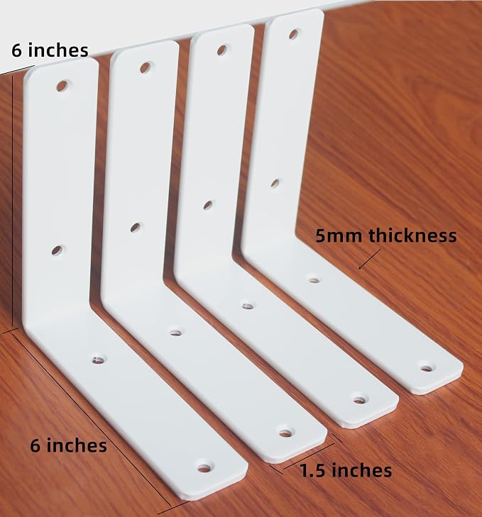 8 Pack - L 6" x H 6" x W1.5, 5mm Thick White L Shelf Bracket, Iron Shelf Brackets, Metal Shelf Brackets, Floating Shelf, Shelf Supports with Screws