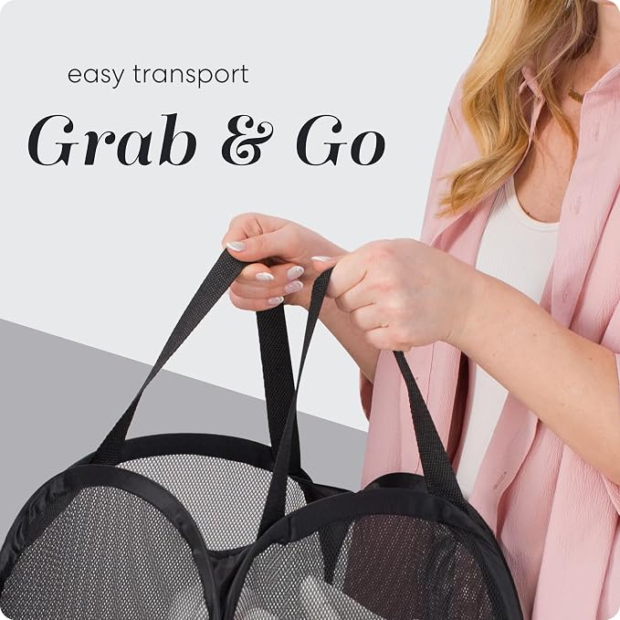 Handy Laundry Collapsible Mesh Pop Up Hamper with Wide Opening and Side Pocket - Breathable, Sturdy, Foldable, and Space-Saving Design for Clothes and Storage (Black | 2-Pack)