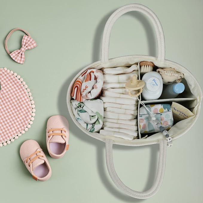 Large Baby Diaper Caddy Organizer for Girl Boy Rope Nursery Storage Bin Basket Portable Holder Tote Bag for Changing Table Car Travel Baby Shower Gifts Newborn Registry Must Haves White and Brown