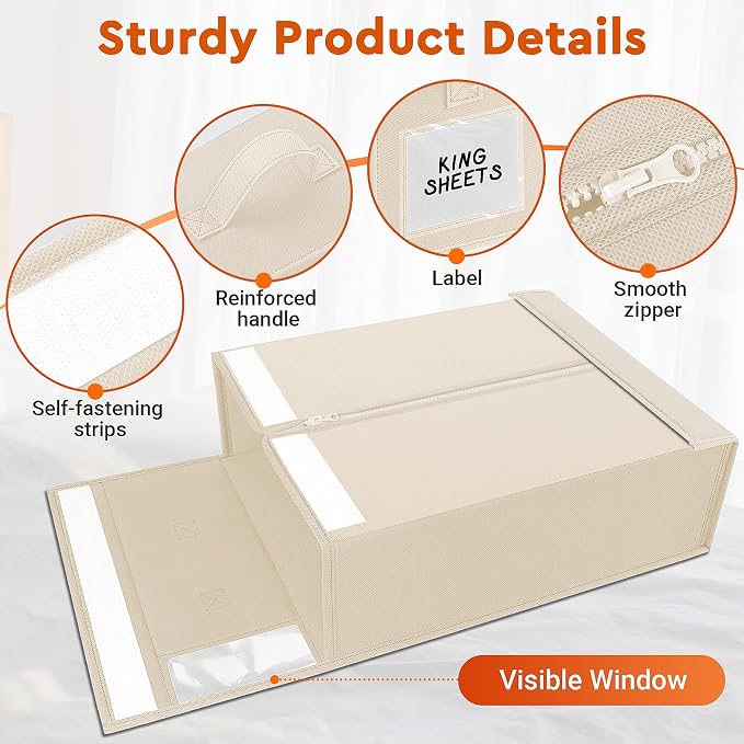 StorageTastic 2 Pack Bed Sheet Closet Organizers and Storage,Sturdy Foldable Storage Containers with Window and Label,Storage and Organization for Bedding Sheets,Duvet Covers,Blankets (Beige)