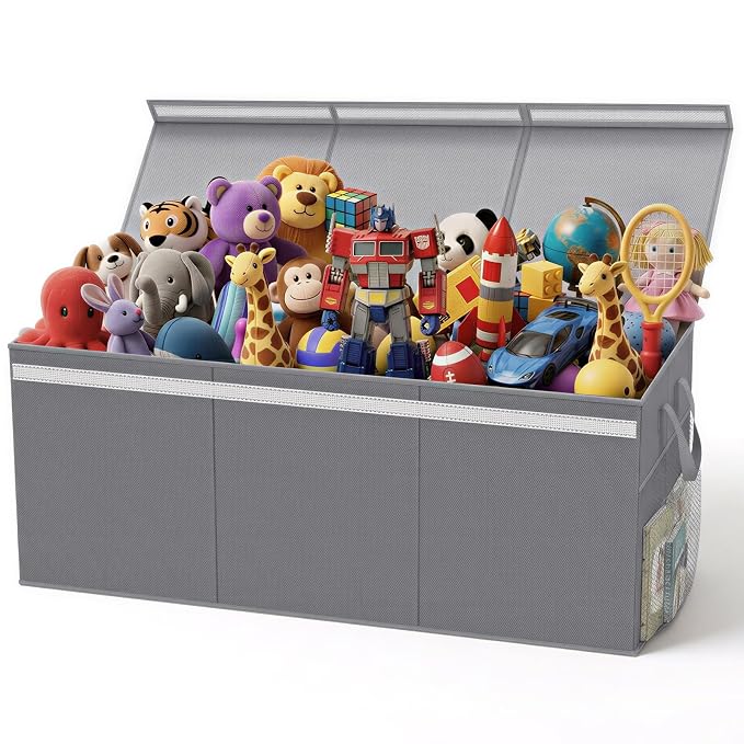 Lewondr 160L Extra Large Toy Storage Organizer with Lid, 40"x16"x16"Collapsible Sturdy Toy box, Toy Chest for Boys Girls, Toybox Storage Bins with 3 Removable Dividers for Living Room, Nursery, Grey