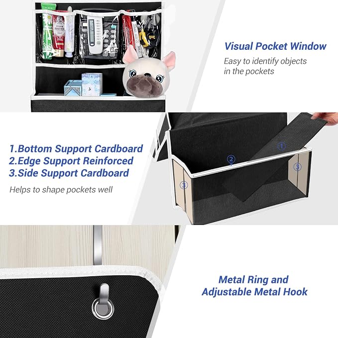 NesTidy 2 Pack Over The Door Organizer Storage, Wall Mount Hanging Organizer with 4 Large Capacity Pocket Organizers and 3 Small Pockets for Baby Essentials, Toys, Cosmetics, and Sundries (Black)