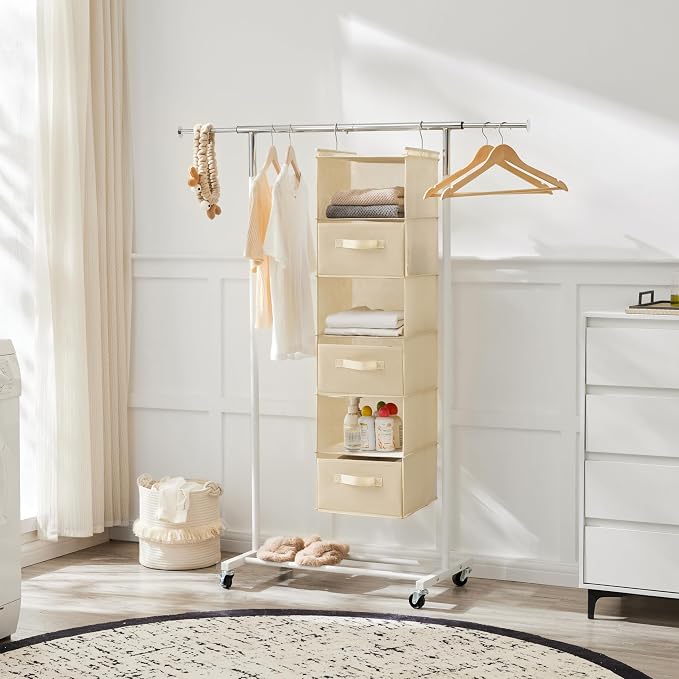 MAX Houser 6 Tier Shelf Hanging Closet Organizer, Closet Hanging Shelf with 2 Sturdy Hooks for Storage, Foldable (Beige-D3)