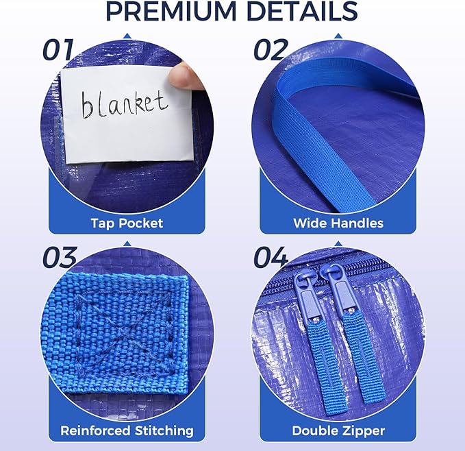 BAGAIL Heavy Duty Moving Bags with Strong Handle, Extra Large Moving Boxes, Storage Tote for Clothes, College Moving Supplies(6 Pack, Blue-windows)