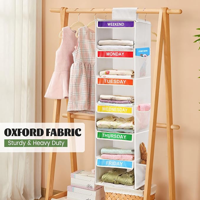 6-Shelf Weekly Clothes Organizer for Kids, Hanging Daily Closet Organization with 6 Side Pockets, Days of The Week Clothing Divider Storage for Boys and Girls (White)