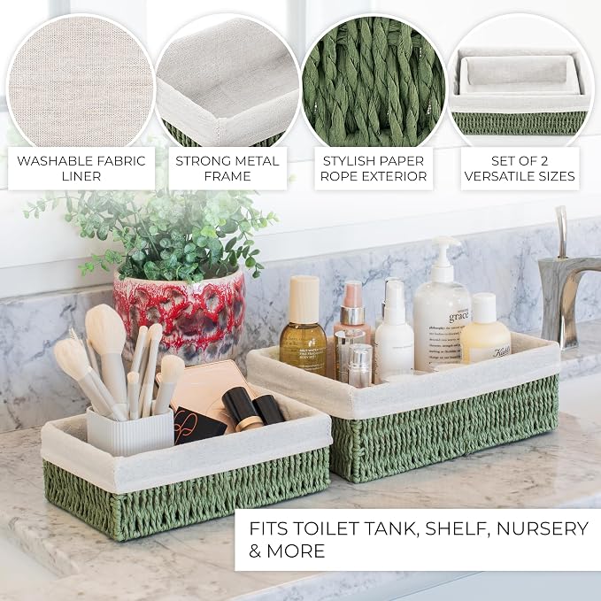 Beautiful Toilet Paper Storage Basket Set of 2 – Decorative Wicker Bathroom Organizer for Toilet Tank Trays - Quality Holder Bin for Shelves Fits Perfectly with Any Bathroom Decor