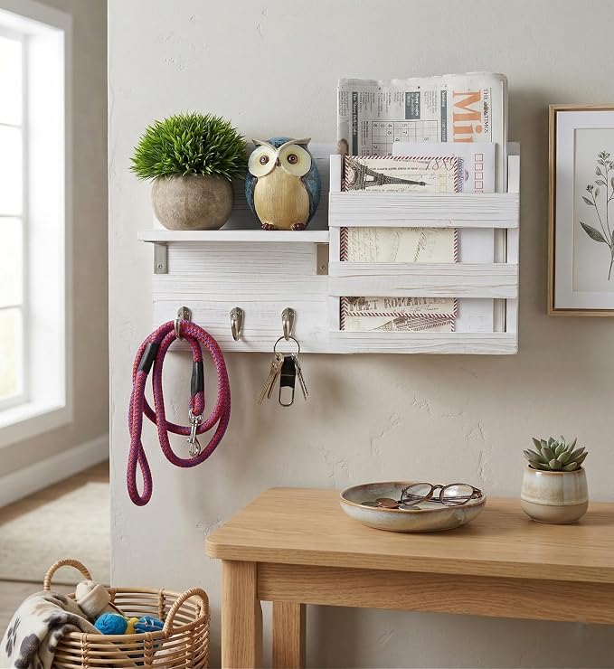 Wall-Mounted Key Hooks Holder and Mail Sorter - Rustic Wood White - Entryway Organizer for Letters, Leashes, and Purses - Floating Shelf, 16.5” W x 9.75" H x 4.5” D