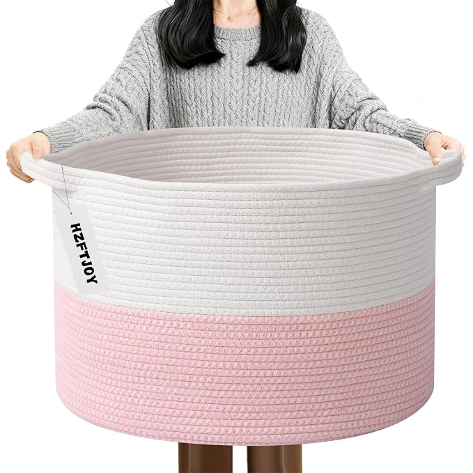 90L Extra Large Pink Woven Cotton Rope Basket with Handles, Kids Nursery Laundry Hamper for Toys, Blankets, Pillows & Comforters, Cute Storage Bin for Bedroom & Playroom