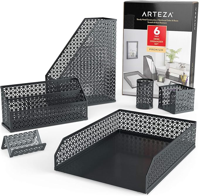 ARTEZA Desk Organizer Set, 6-Piece Dark Gray, Includes Pencil Cup, Letter Sorter, Tray, Magazine Holder, Name Card & Sticky Note Holder