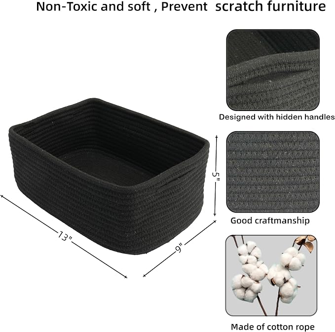 XUANGUO Small Woven Storage Baskets 13“X9”X5“ Decorative Rope Bins for Organizing Shelves, Closets, and Toys, Empty Gift Baskets, Cute Organizer Basket for Home and Office (black, Large)
