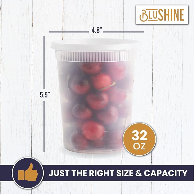 BluShine Deli Containers with Lids, Plastic Food Storage Containers | 32 oz, 24 sets Plastic Deli Food Storage Containers with Airtight Leak Proof Lids, Reusable, Microwave and Freezer Safe