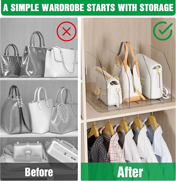 Bag & Purse Organizer for Closet, 4 Sets Adjustable Clear Handbag Storage Shelf, Plastic Clutch Dividers for Closet Organizers and Storage-Keep Purses upright (4 Sets)