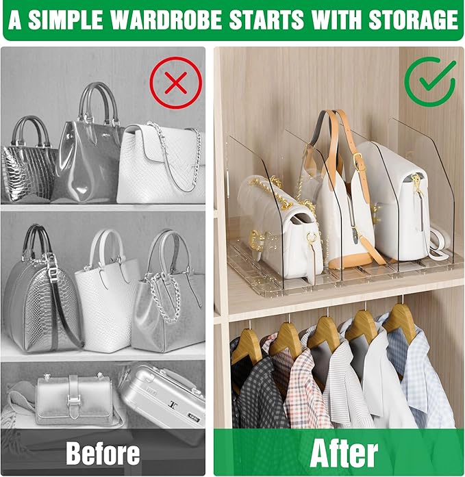 Bag & Purse Organizer for Closet, 2 Sets Adjustable Clear Handbag Storage Shelf, Plastic Clutch Dividers for Closet Organizers and Storage-Keep Purses upright (2 Sets)